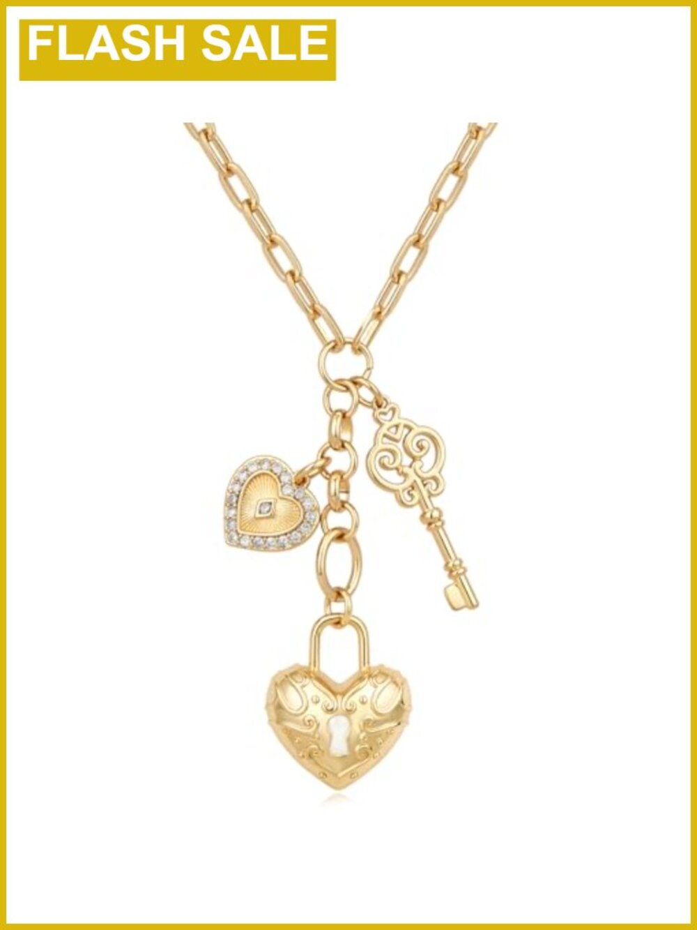 18K Gold Plated Heart Lock Key Pendant Necklace Paperclip Chain Choker